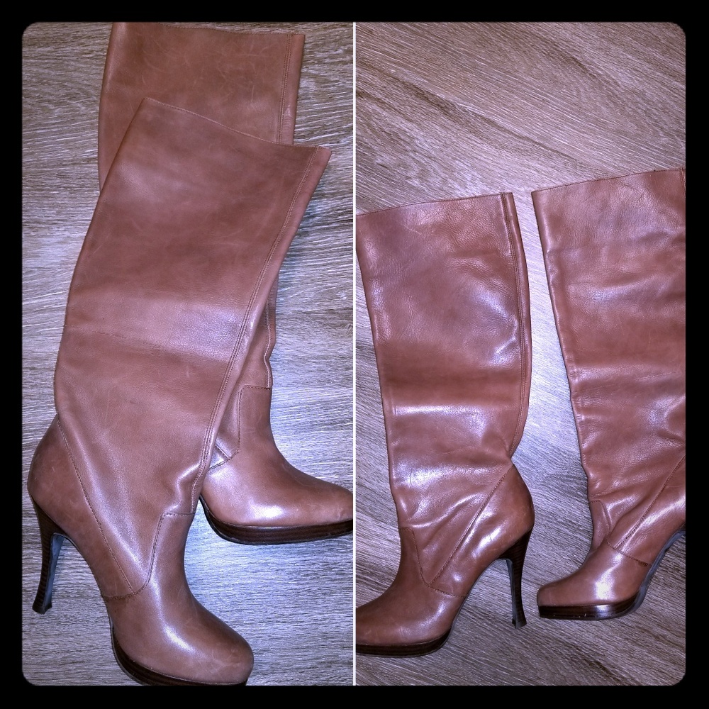 BCBG tan/cognac pull-on knee high boots. Unworn.